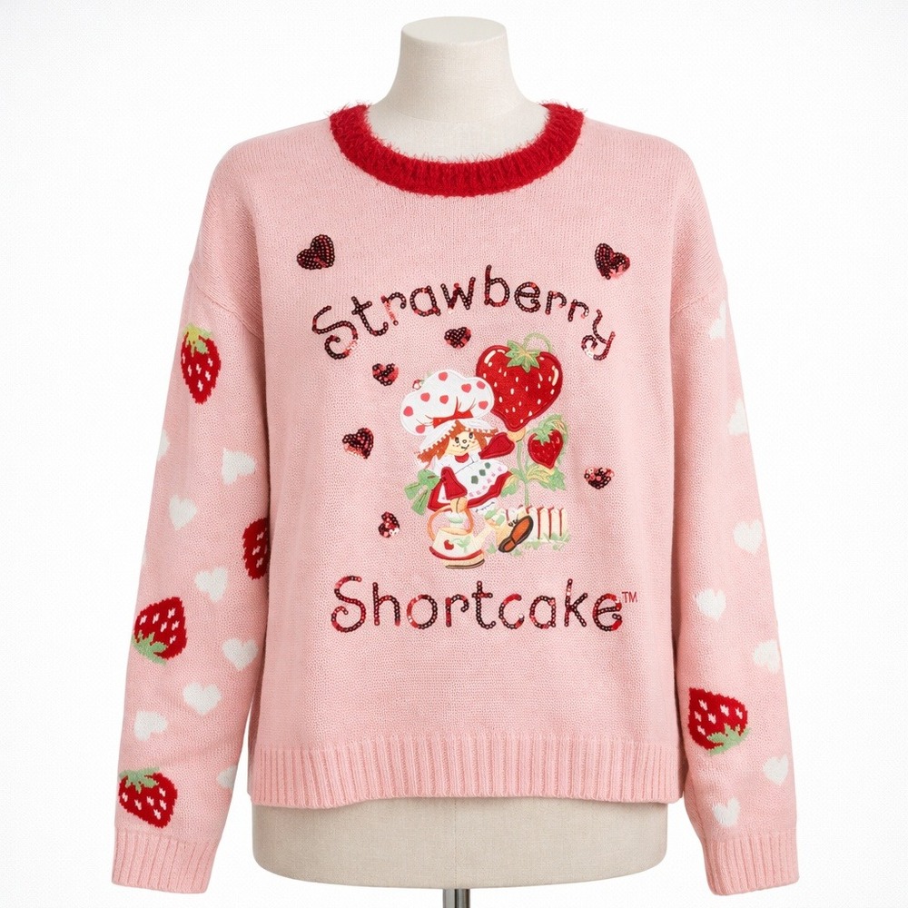 Strawberry Shortcake Y2K Sequin Embroidered Sweater Size‎ XL Pink Hearts Graphic